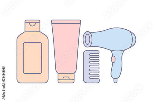 Essential hair care products and styling tools set including shampoo, conditioner, comb, and hairdryer