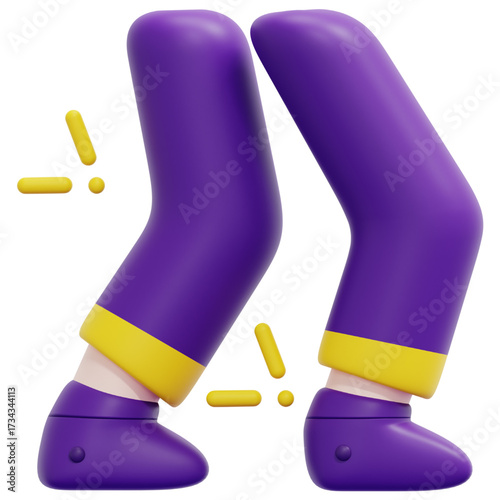 3D illustration of cartoon legs in purple pants with yellow cuffs, walking.