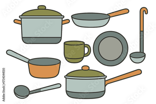 Diverse collection of essential kitchen cookware and utensils for everyday cooking and meal preparation in a modern home kitchen setting