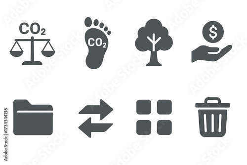 Environmental and utility icons: carbon footprint, tree, economy, recycling