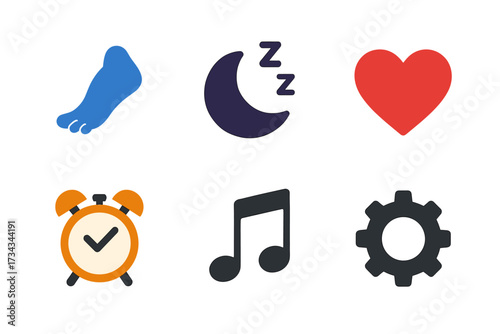 Sleep routine icons: foot, moon, heart, alarm, music note, gear symbols