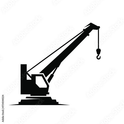 Black silhouette of a construction crane with a hook isolated on white background