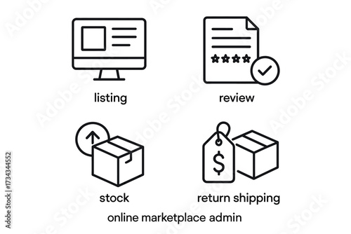 Online marketplace admin icons: listing, review, stock, return shipping