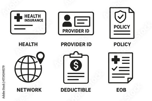 Health insurance icons: cards, id, policy, network, deductible, eob