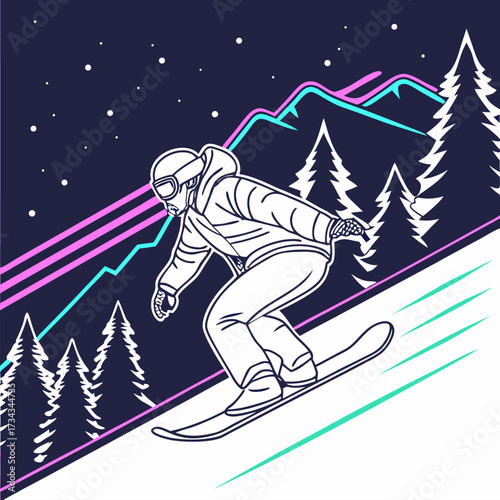 Stylish snowboarder carving fresh powder in a snowy mountain landscape, captured with a modern, dynamic aesthetic and bold lines, evoking winter adventure