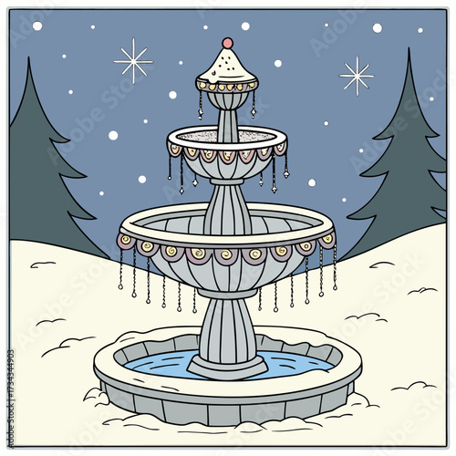 Whimsical winter scene with a vintage fountain surrounded by snow and trees, ideal for festive designs and holiday cards, originally a scalable vector graphic
