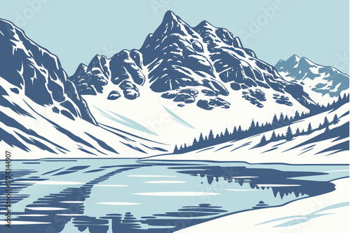 Serene winter landscape reflecting snow-capped mountains on tranquil lake, peaceful outdoor scene, ideal for travel, adventure, and nature themes