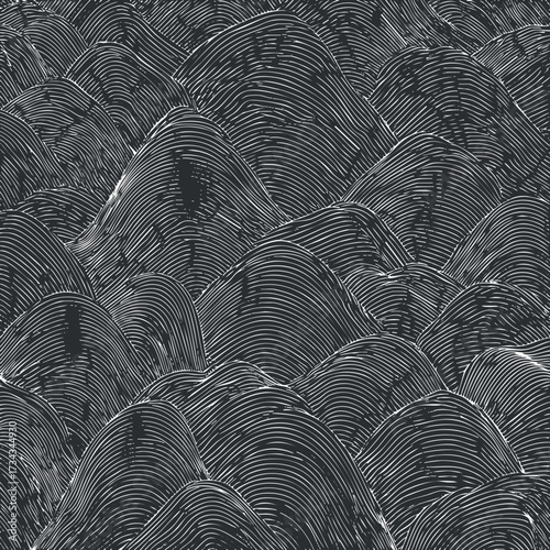 Stylized black and white illustration of rolling hills with intricate line patterns and textures..