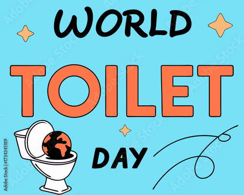 World Toilet Day Illustration with Globe in Toilet on Blue Background and Stars cartoon illustration