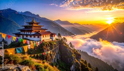 Himalayan Sunrise with Buddhist Monastery on Cliff and Prayer Flags in Soft Light