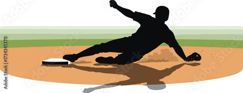 Baseball player sliding into base silhouette vector, baseball, player, sliding, base, silhouette, black, white, background, isolated, sport, recreation, game, action, movement, dirt, dust, glove, catc