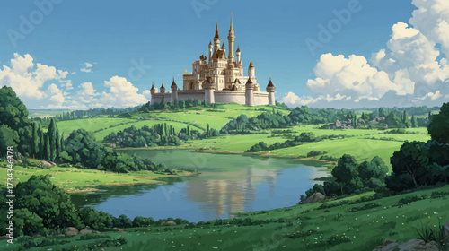 Cartoon illustration of a large fantasy castle with red roofs, situated on a green hill by a river, surrounded by lush landscapes and dramatic clouds. Magical and fairy tale atmosphere