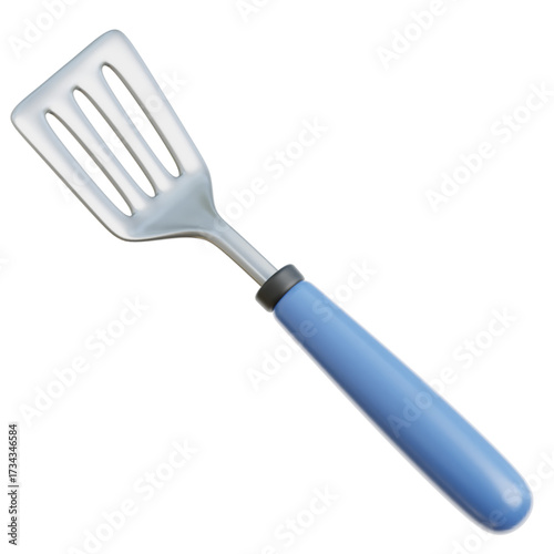 A light blue handled kitchen spatula with a slotted metal head, perfect for flipping pancakes or other foods during cooking and grilling. Ideal for kitchen use