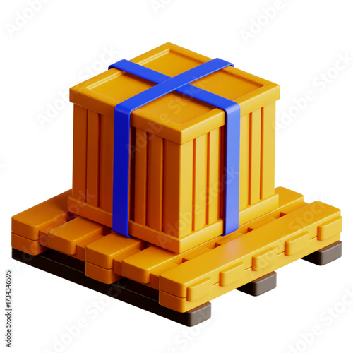 A stylized 3D illustration of a wooden shipping crate secured with blue straps on a pallet, isolated on a white background.