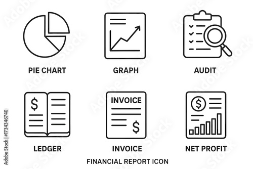 Financial report icon set: pie chart, graph, audit, ledger, invoice, net profit