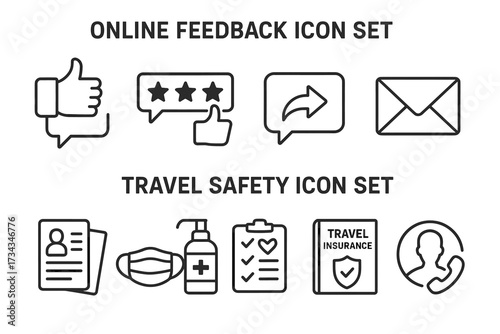 Online feedback and travel safety icons: thumbs up, stars, masks, insurance, and messages