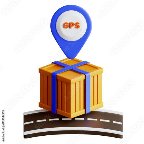 3D rendering of a package with a GPS marker, indicating location tracking and delivery.