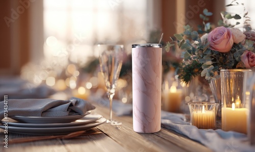 Elegant table setting with pink marble tumbler and soft lights