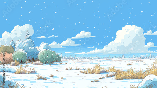 Cartoon illustration of a peaceful winter landscape with snow-covered trees, falling snowflakes, and blue sky. Serene and cozy scene featuring fluffy clouds, snowy ground