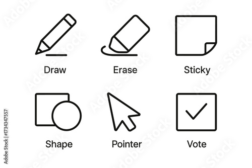 Simple lineart icons of pencil eraser sticky shape pointer vote