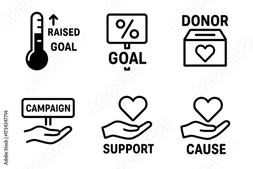 Fundraising icons set with thermometer, donor box, and heart symbols