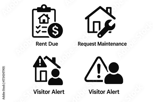 Home management icons: rent due, maintenance, visitor alert symbols