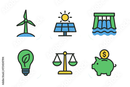Renewable energy icons: wind, solar, hydro, green technology, and savings