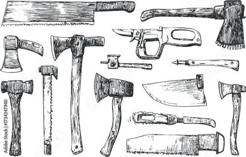 A collection of various woodworking tools including saws axes and knives designed for craftsmanship..