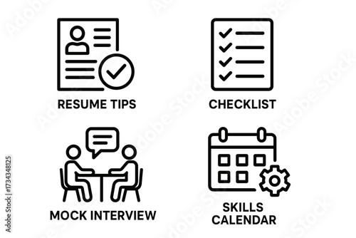 Career development: resume tips, checklist, mock interview, skills calendar icons