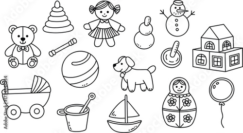 Assortment of children's toys and objects in outline style teddy bear stacking rings