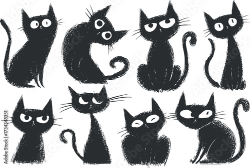 A whimsical illustration featuring various playful black cats in different poses and expressions..