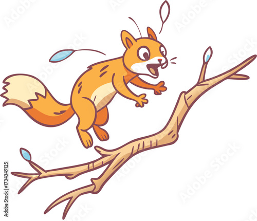 Cute brown squirrel with acorn on a tree is a funny cartoon animal illustration vector for wildlife nature fun