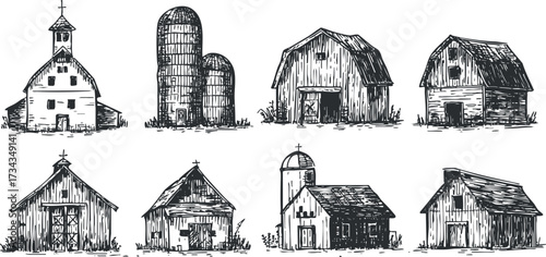 Collection of vintage barn illustrations featuring various architectural styles and rural designs..