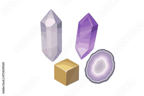 Natural crystals, precious gemstones, and a golden cube in isometric view with quartz, amethyst, and a geode slice