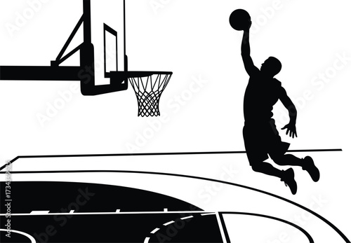 A dynamic black vector silhouette of a basketball player in action during a game, basketball, player, dunk, silhouette, sport, game, hoop, net, action, jump, athlete, competition, dynamic, movement, a