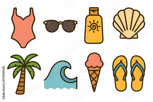 Summer icon set: swimsuit, sunglasses, sunscreen, shell, palm, wave, ice cream, flip-flops