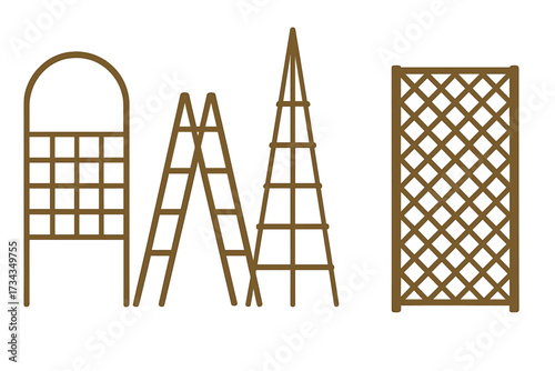 Various garden trellises and plant supports including obelisks and lattice designs for climbing plants
