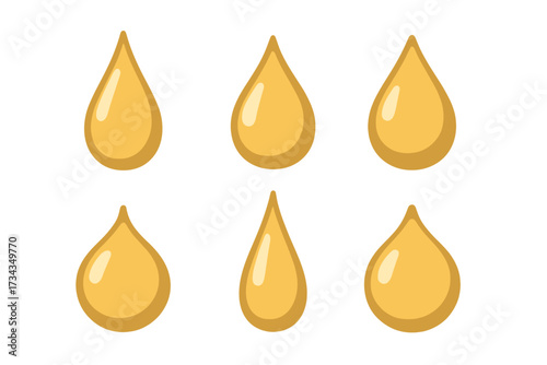 Shiny golden liquid drops with subtle reflections on a clean white background, abstract design element for various concepts