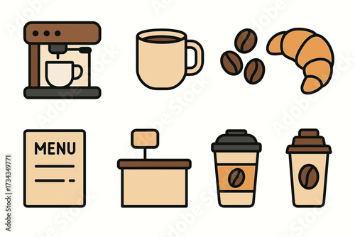 Coffee shop icons: espresso machine, coffee cup, beans, croissant, menu, counter, takeaway cups