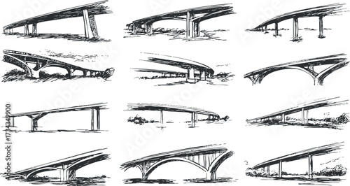 A collection of detailed sketches showcasing various bridge designs and architectural styles..