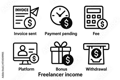 Freelancer income icons: invoice, payment, fee, platform, bonus, withdrawal