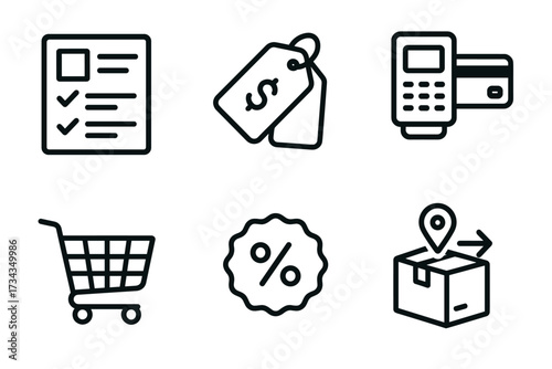 E-commerce icons: shopping cart, price tags, payment terminal, checkout, delivery box, discount badge