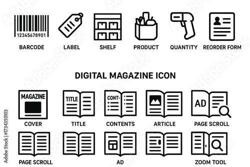 Retail and digital magazine icons: barcode, label, shelf, product, quantity, reorder, cover, title, contents, article, page scroll, ad, zoom tool