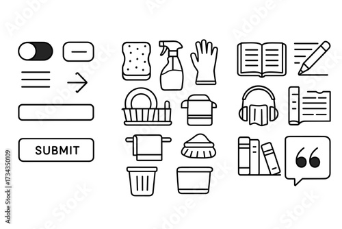 Minimalist line art icons for household chores and stationery tasks