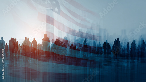 American flag overlay with crowd of people and city skyline symbolizing democracy freedom politics society unity immigration diversity blurred patriotic concept background