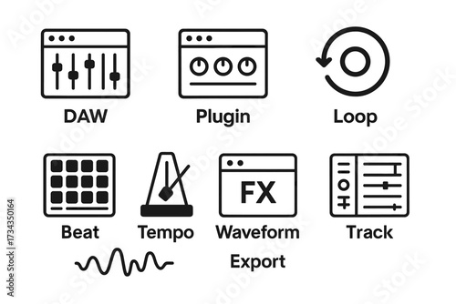 Music production icons: daw, plugin, loop, beat, tempo, waveform, export, track tools