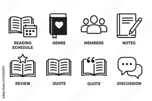 Book club icons: reading schedule, genre, members, notes, review, quote, discussion