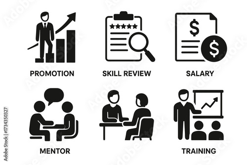 Career development icons: promotion, skill review, salary, mentorship, training