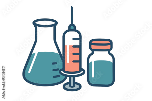 Essential medical laboratory equipment featuring a beaker, syringe, and vial for scientific research and healthcare applications
