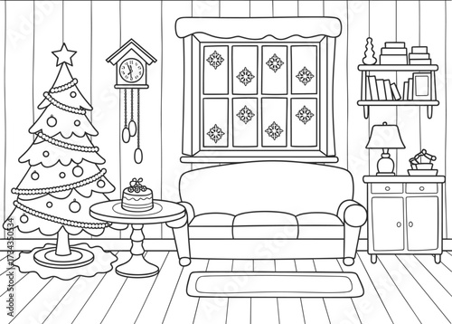 Black and white illustration of a cozy Christmas living room with a tree and sofa holiday decorated